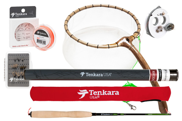 Photo of Tenkara fly fishing gear including rods, flies, line, net and line keeper.